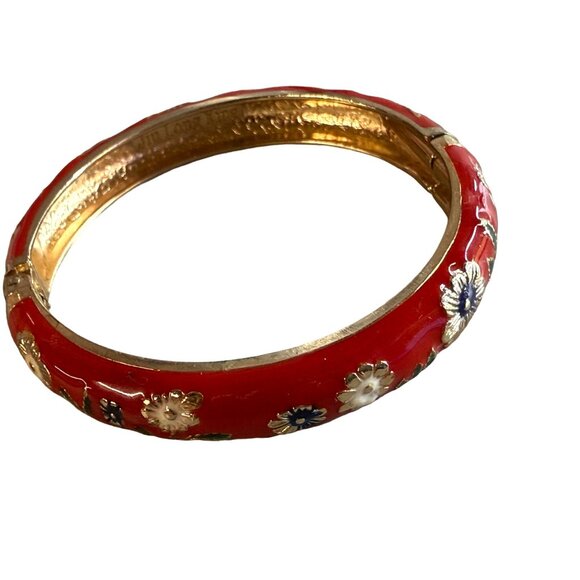 Clamper Style Bracelet Red Color Flower Pattern Accent Multicolor Enamel Painted - Picture 1 of 16